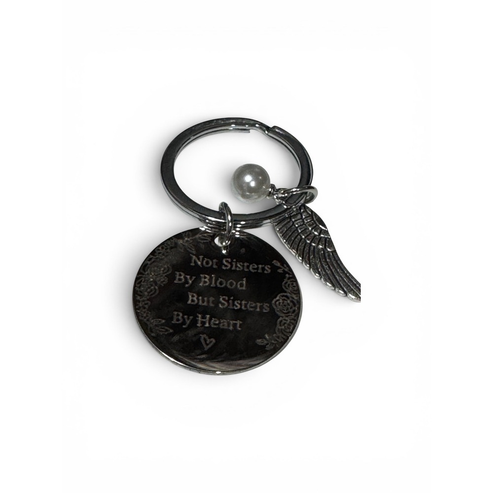 Not Sisters By Blood But Sisters By Heart Keychain Silver Tone Angel Wing Pearl